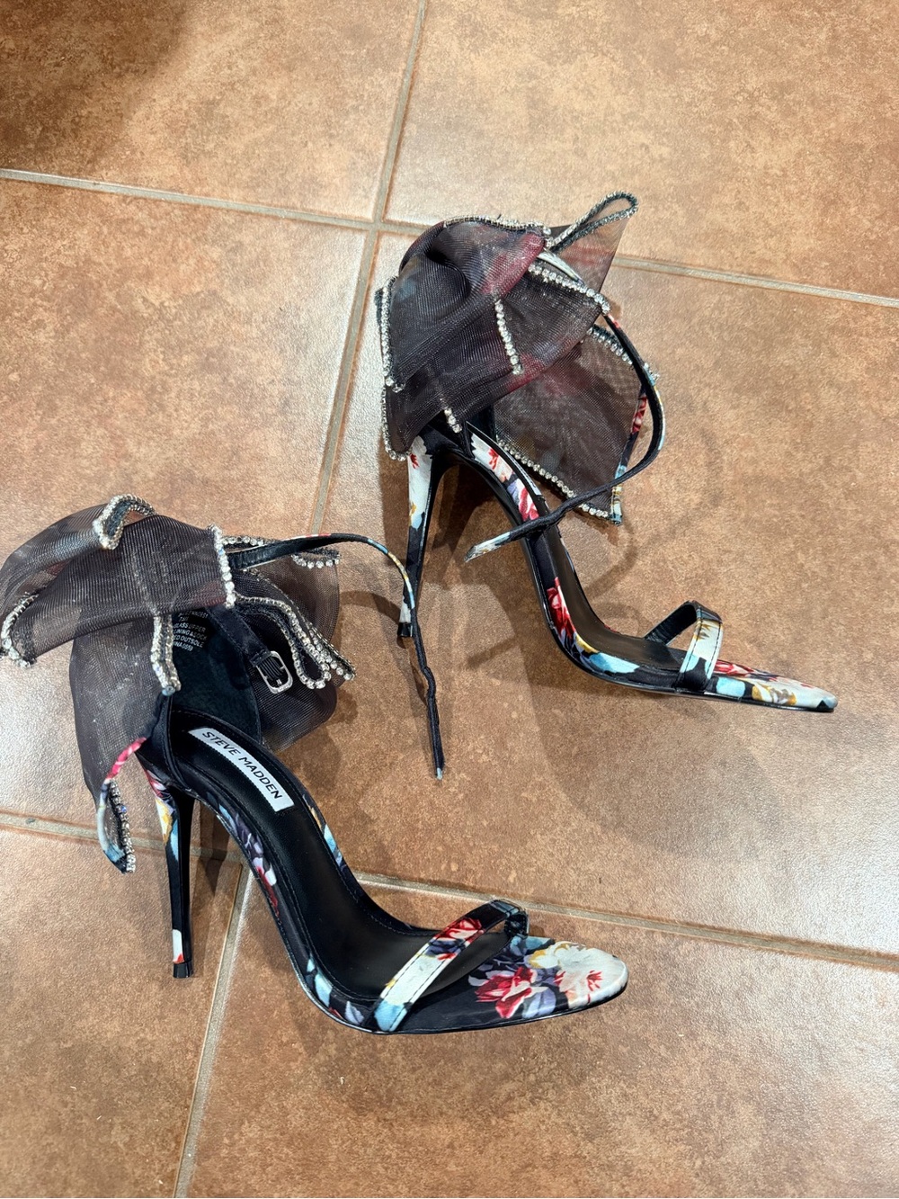 Steve Madden Black Floral Mesh Bow High Heel Sandals
